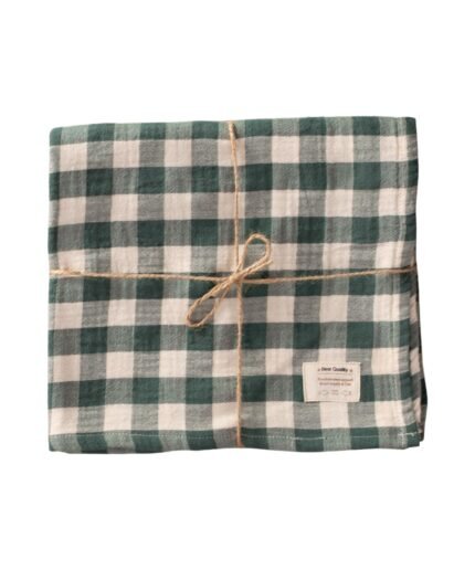 organic-manufacture- Natural Plaid Muslin Blanket Khaki Green