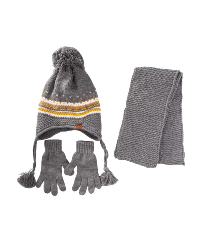 organic-manufacture- Scarf Beret Gloves 3 Piece Set 4-8 yrs Gray