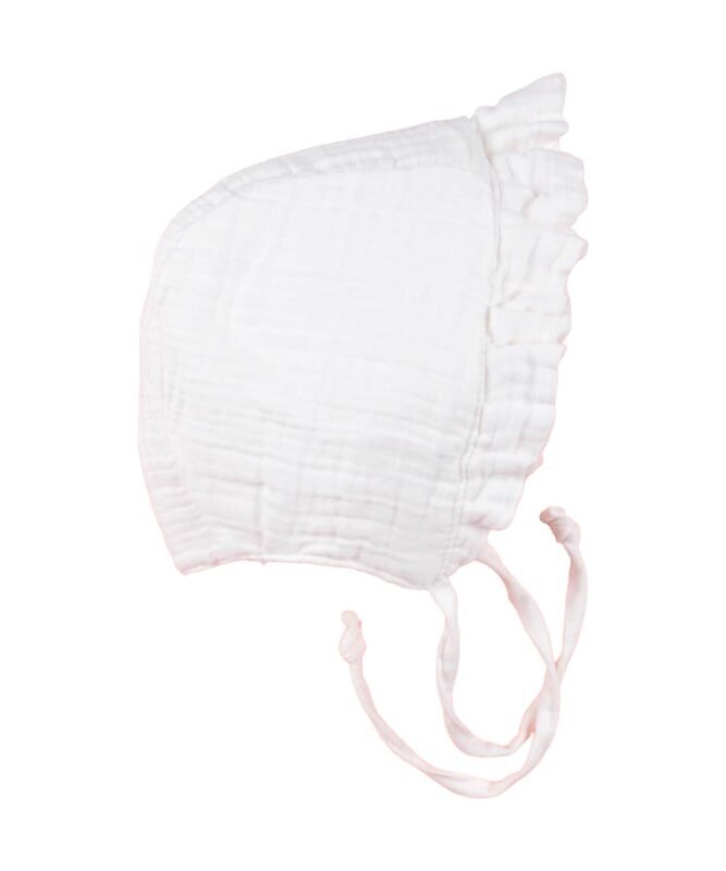 organic-manufacture- Organic Tied Ruffle Muslin Baby Hat 0-2 yrs Ecru