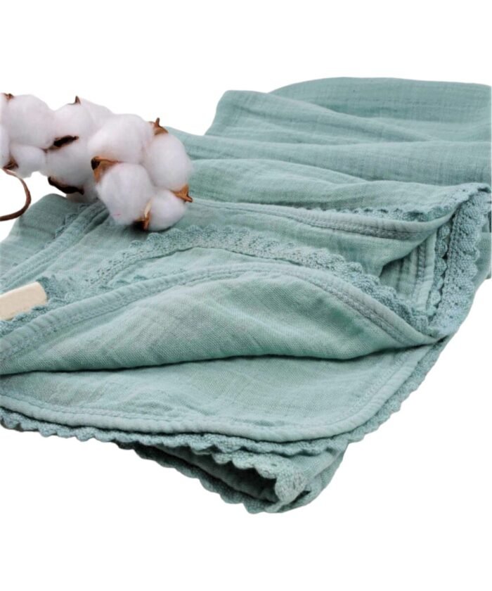 organic-manufacture- Organic Muslin Blanket with Lace Mint