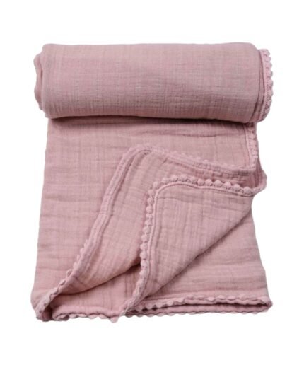 organic-manufacture- Organic Doubleface Two Layer Pompommed Blanket Mint