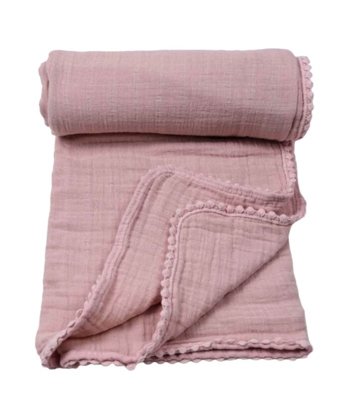 organic-manufacture- Organic Doubleface Two Layer Pompommed Blanket Dried Rose