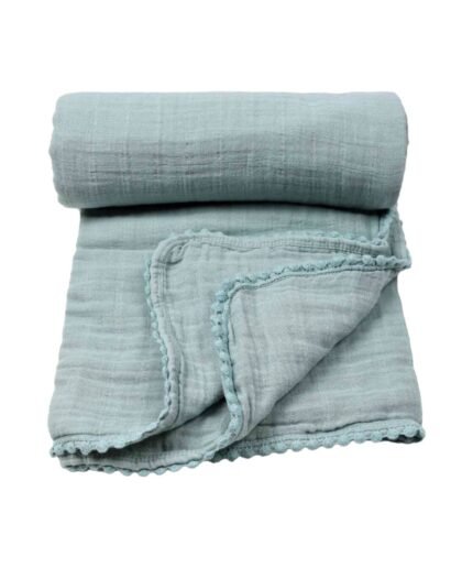 organic-manufacture- Organic Doubleface Two Layer Pompommed Blanket Mint