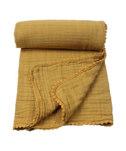 organic-manufacture- Organic Doubleface Two Layer Pompommed Blanket Mustard