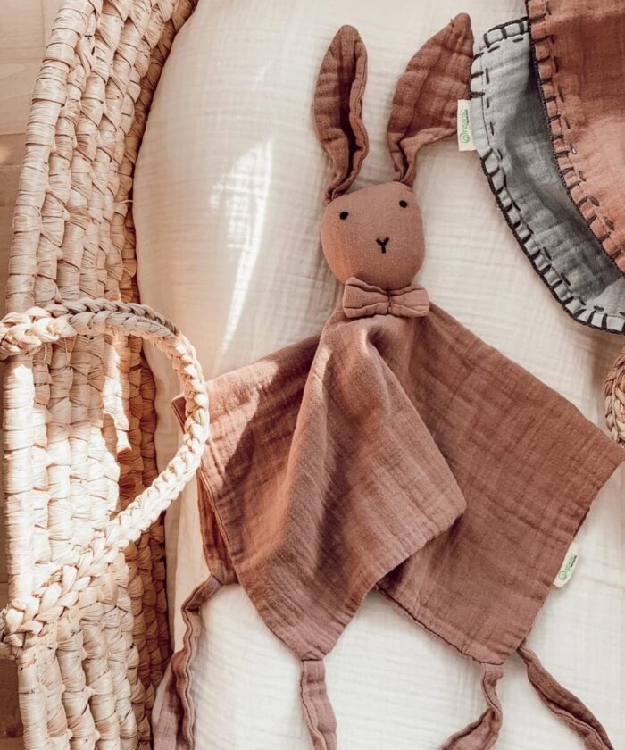 organic-manufacture- Organic Muslin Embroidered Rabbit Sleeping Companion Pink