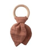 organic-manufacture- Organic Muslin Teether (With Wooden Ring) Brown